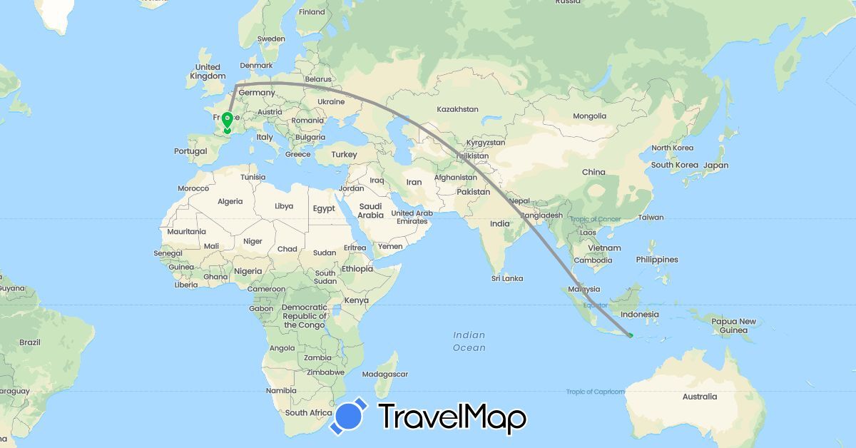 TravelMap itinerary: driving, bus, plane in France, Indonesia, Netherlands, Singapore (Asia, Europe)